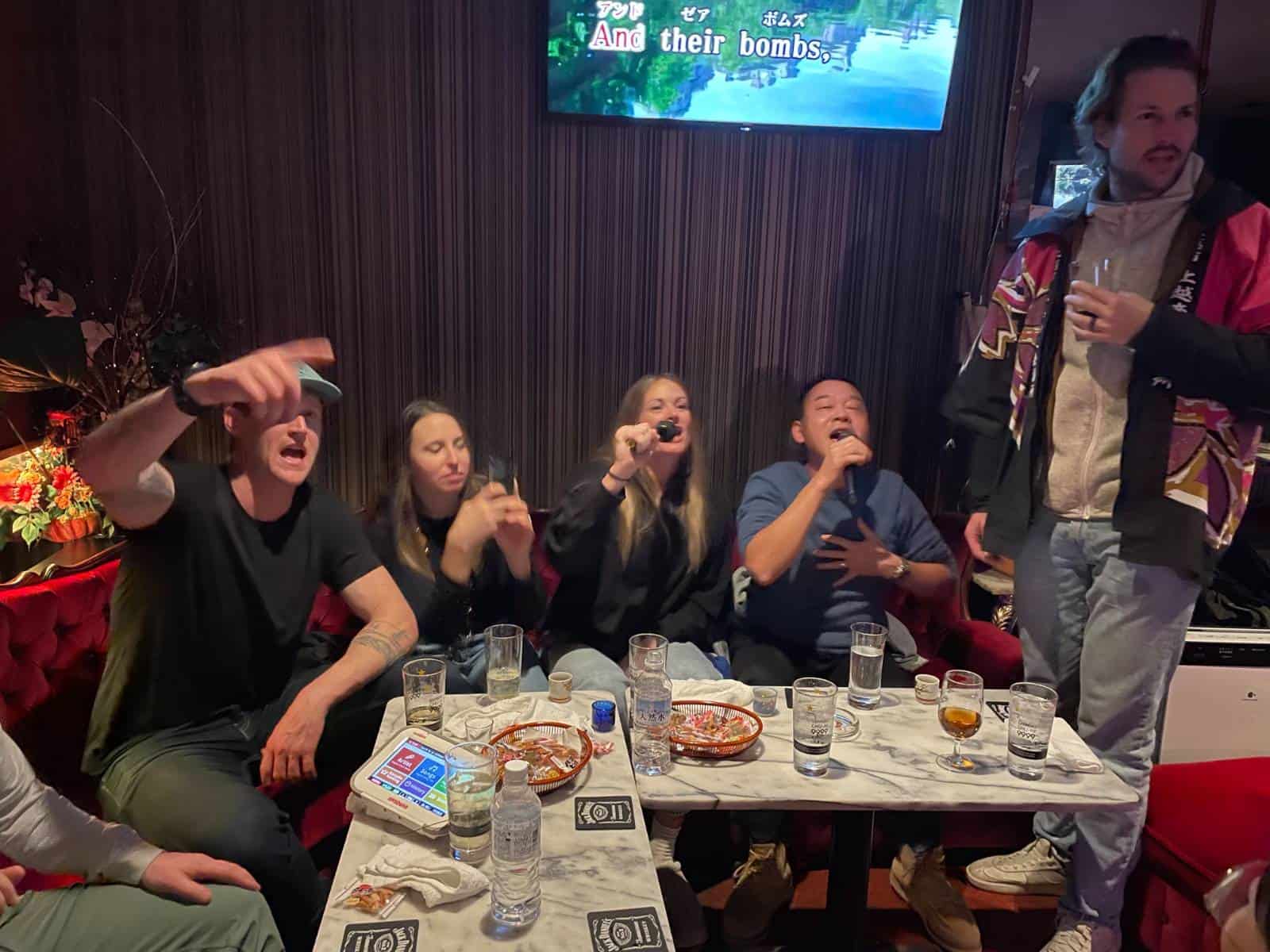 Tour group singing karaoke