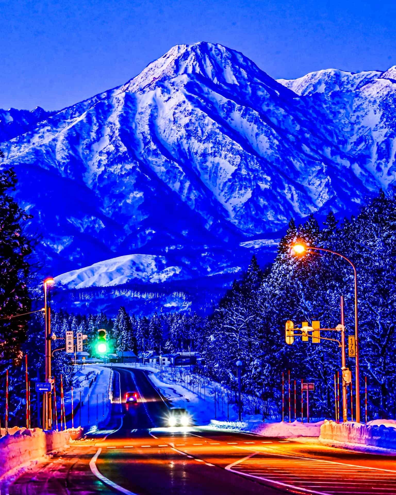 View of mt myoko in winter from route 18